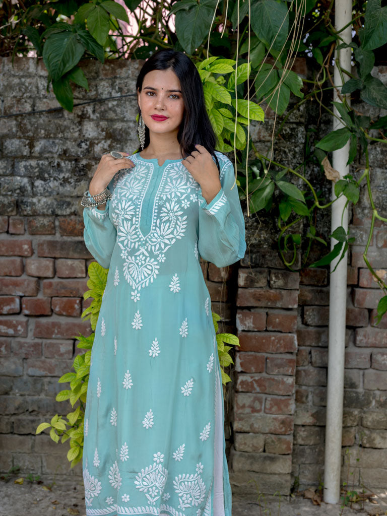 Readymade Floral Chikankari Crepe Silk Kurti-Light Blue