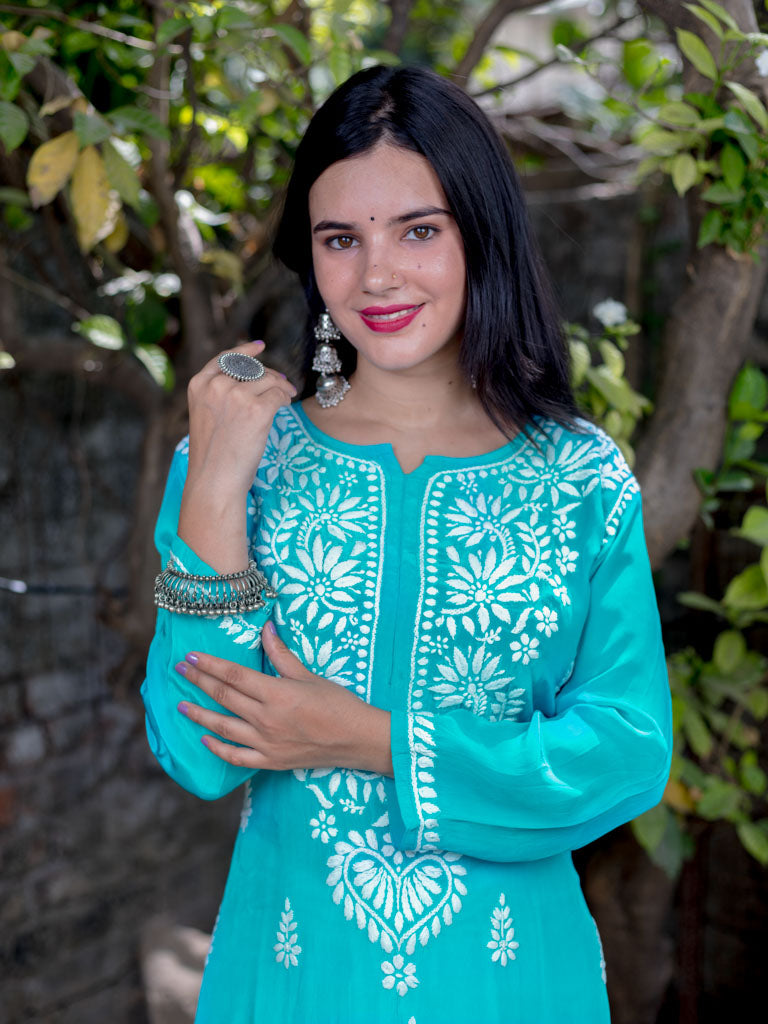 Readymade Floral Chikankari Crepe Silk Kurti-Aqua Blue