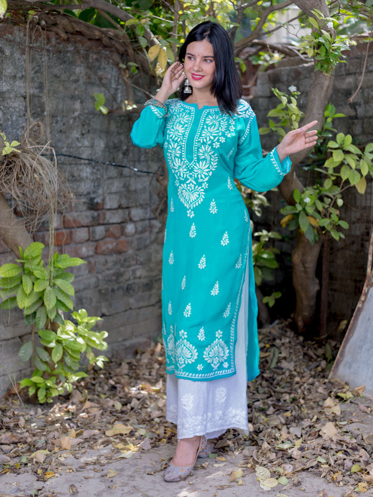 Readymade Floral Chikankari Crepe Silk Kurti-Aqua Blue