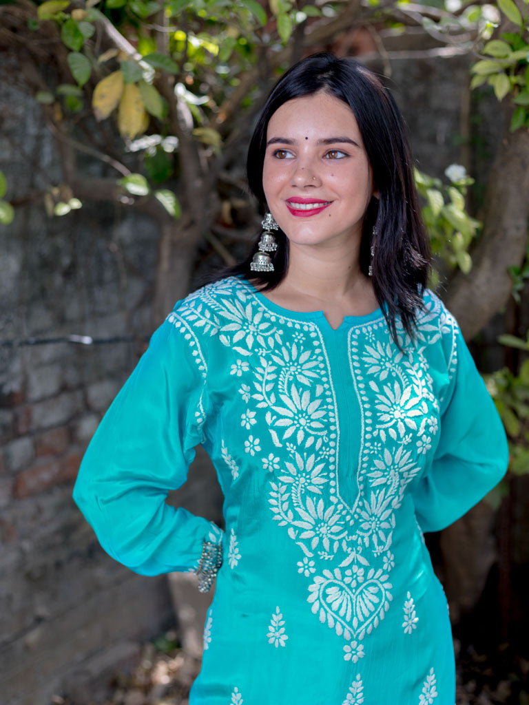 Readymade Floral Chikankari Crepe Silk Kurti-Aqua Blue