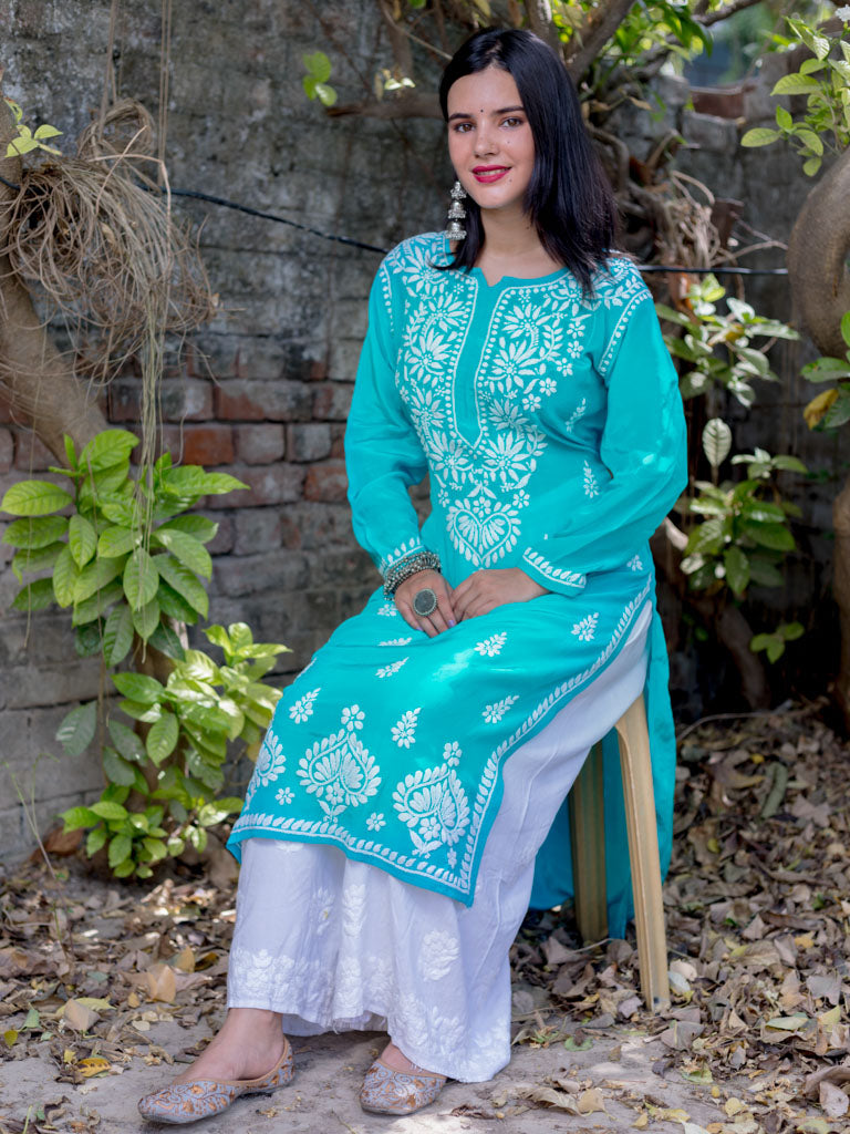 Readymade Floral Chikankari Crepe Silk Kurti-Aqua Blue