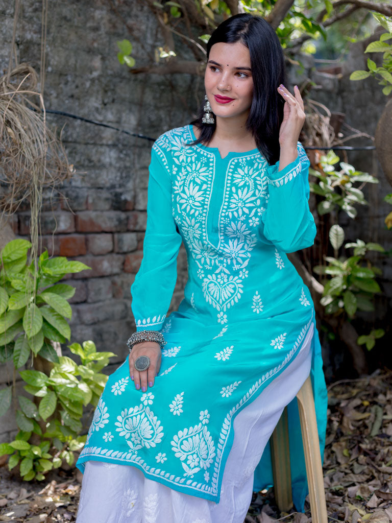 Readymade Floral Chikankari Crepe Silk Kurti-Aqua Blue