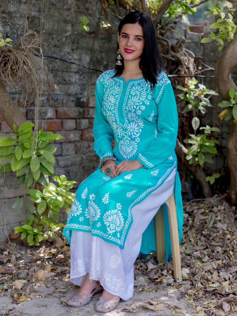 Readymade Floral Chikankari Crepe Silk Kurti-Aqua Blue