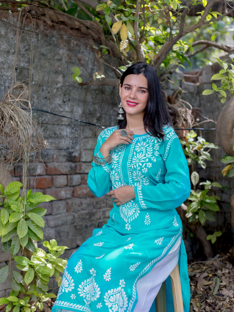 Readymade Floral Chikankari Crepe Silk Kurti-Aqua Blue