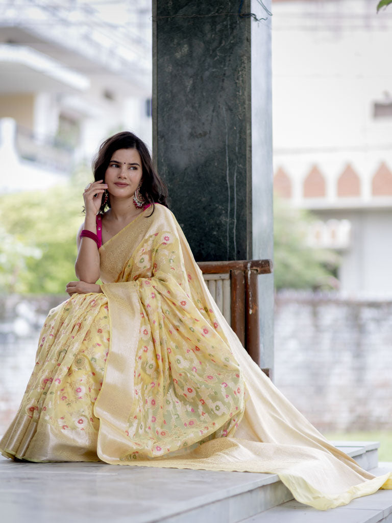Banarasi Semi Silk Saree With Jaal Zari & Meena Weaving-Yellow
