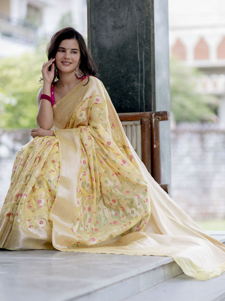 Banarasi Semi Silk Saree With Jaal Zari & Meena Weaving-Yellow