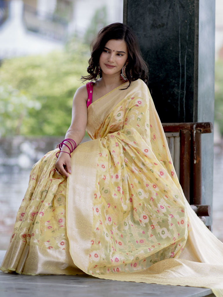 Banarasi Semi Silk Saree With Jaal Zari & Meena Weaving-Yellow