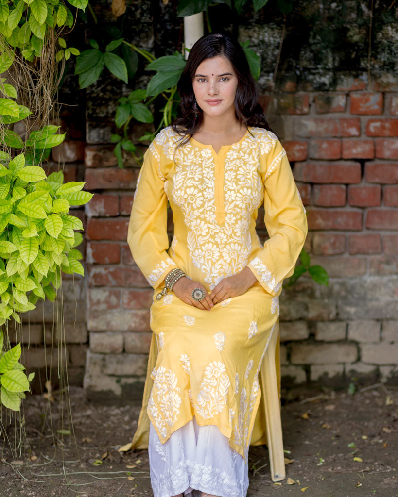Readymade Floral Heavy Chikankari Rayon Kurti-Yellow