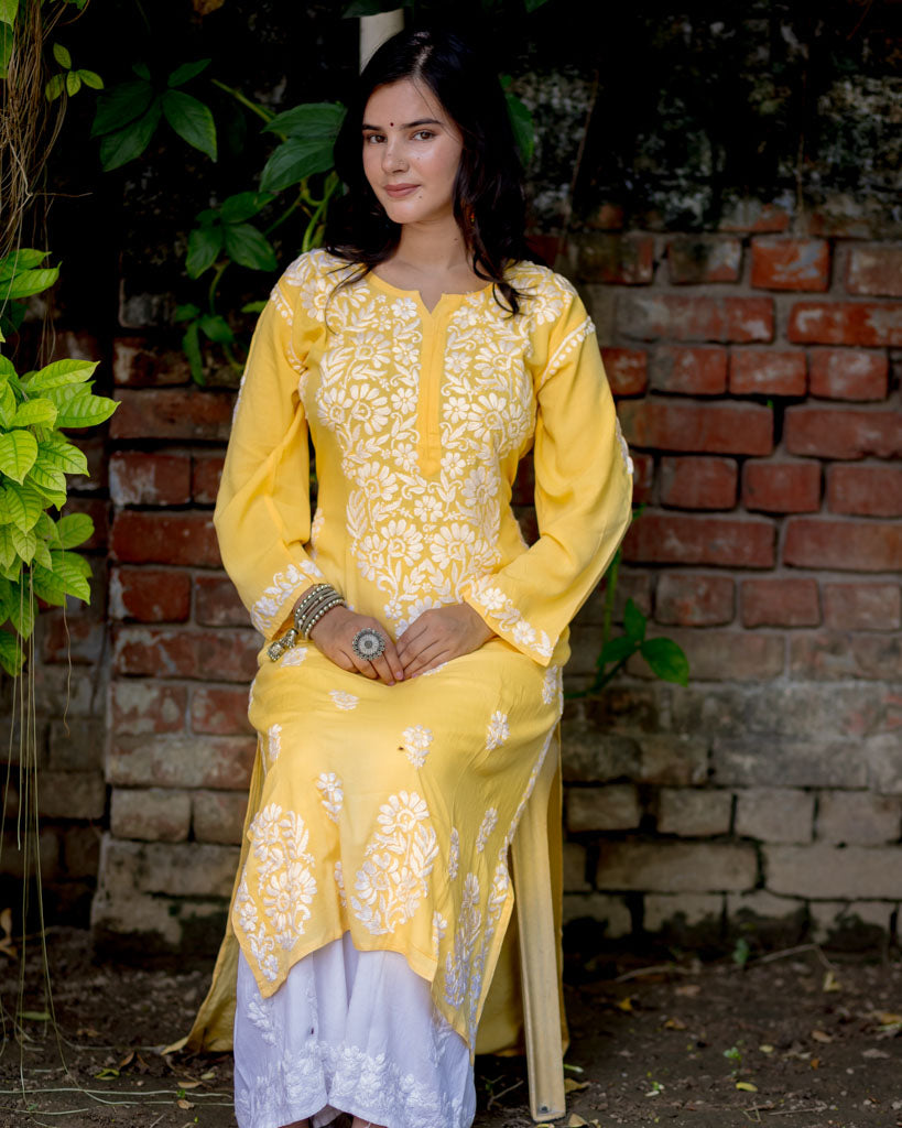 Readymade Floral Heavy Chikankari Rayon Kurti-Yellow