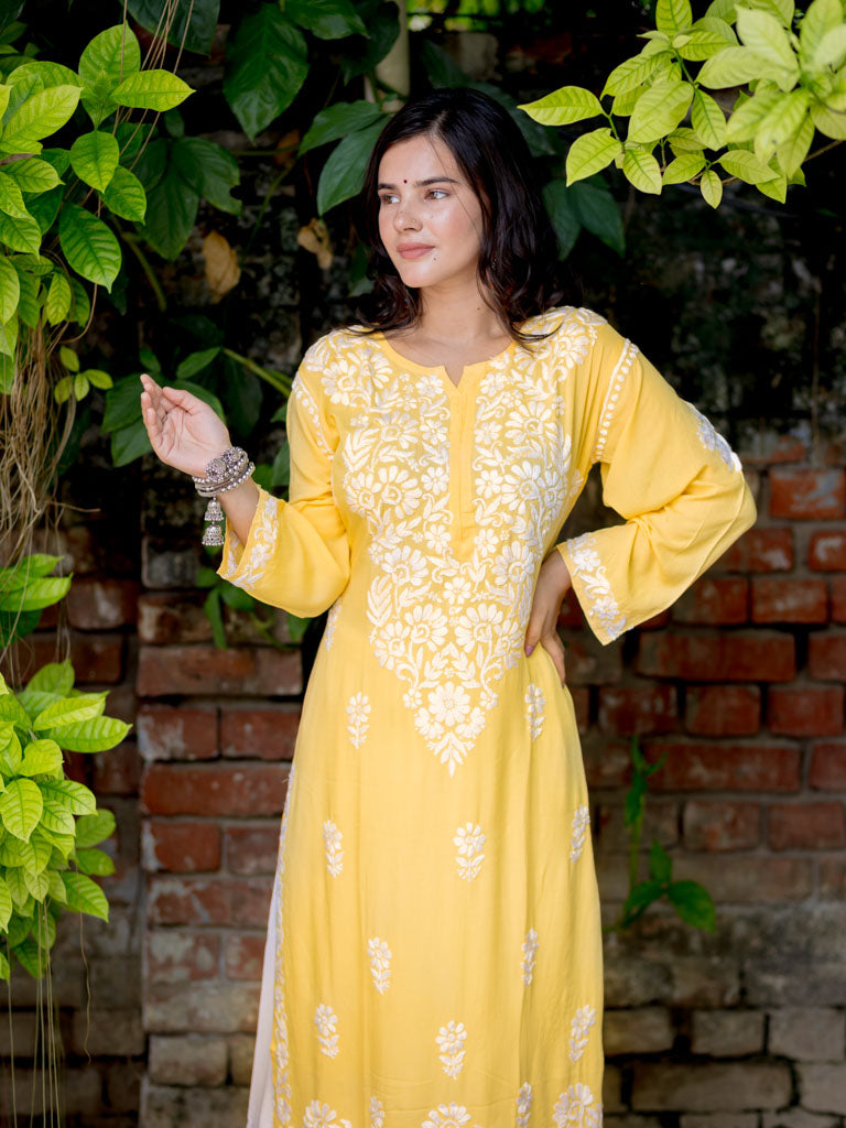 Readymade Floral Heavy Chikankari Rayon Kurti-Yellow
