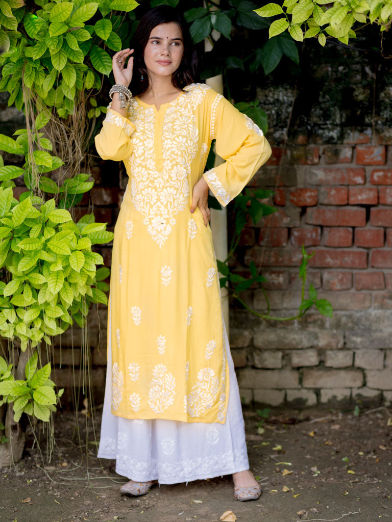 Readymade Floral Heavy Chikankari Rayon Kurti-Yellow
