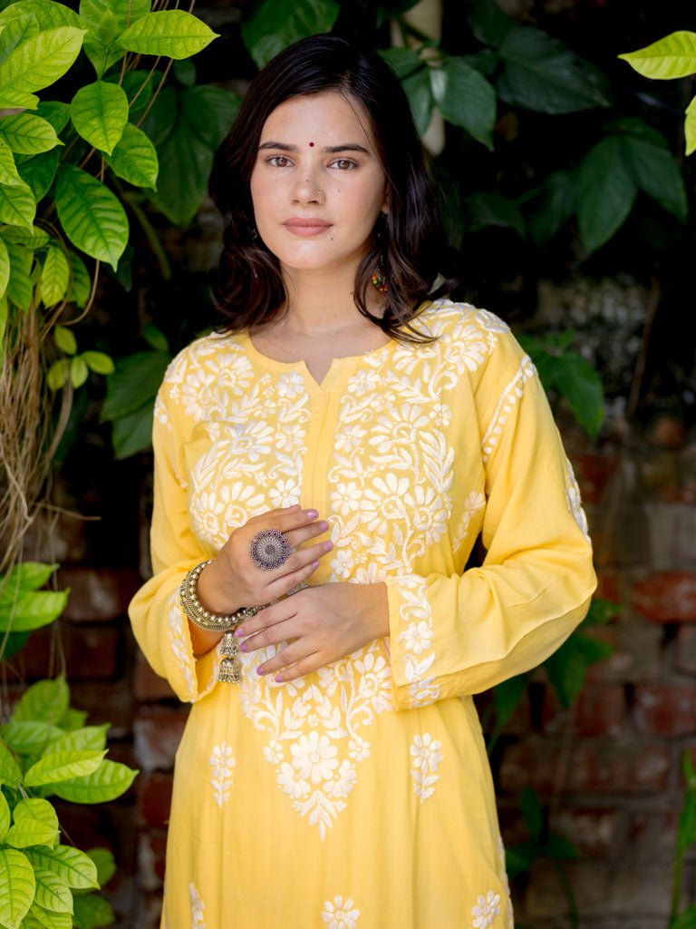 Readymade Floral Heavy Chikankari Rayon Kurti-Yellow