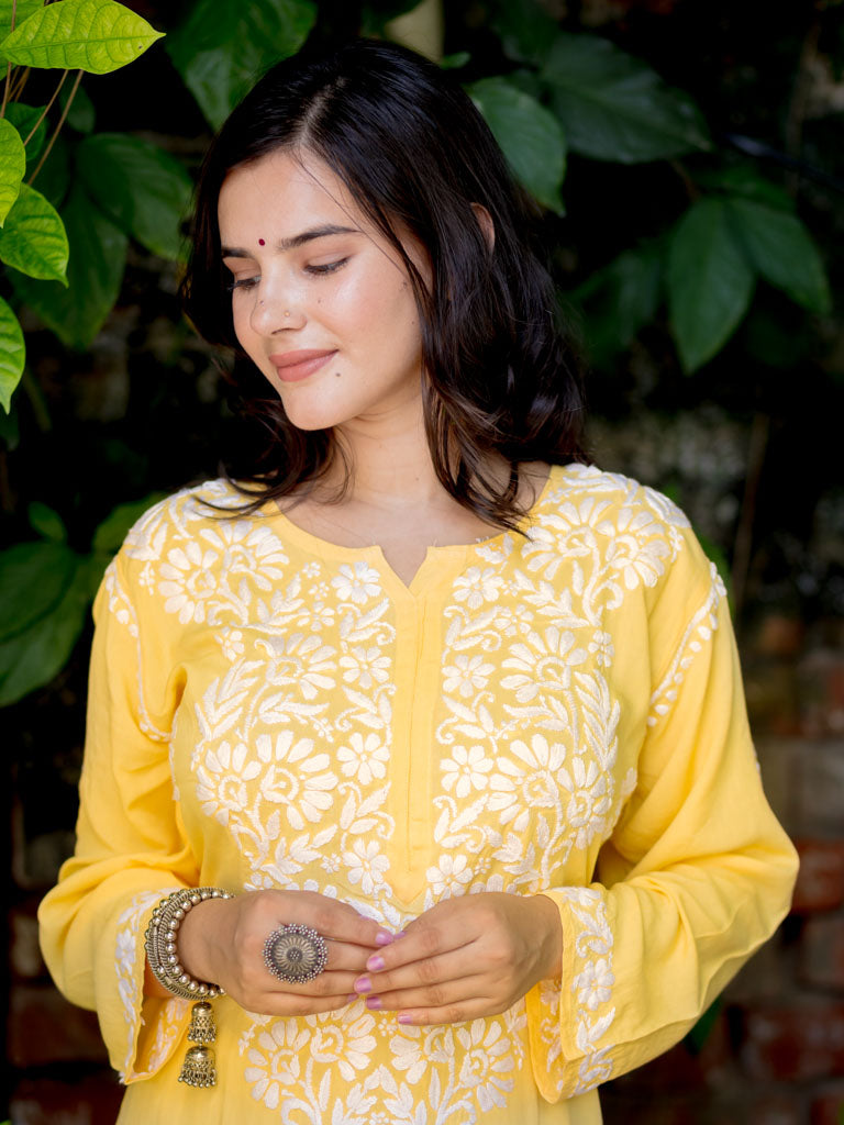 Readymade Floral Heavy Chikankari Rayon Kurti-Yellow