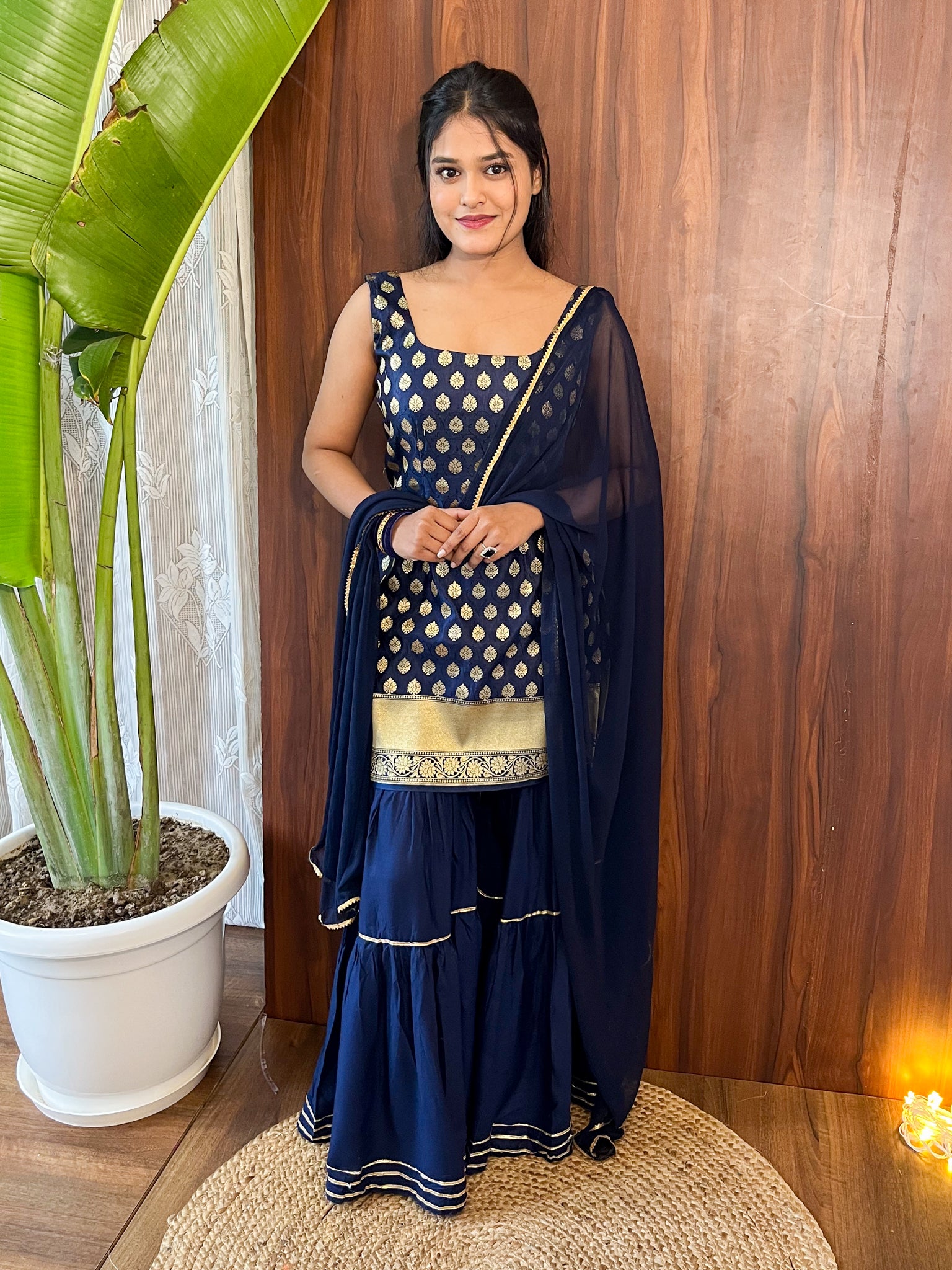 Readymade Banarasi Pure Silk Sharara Suit with Chiffon Dupatta- Royal Blue