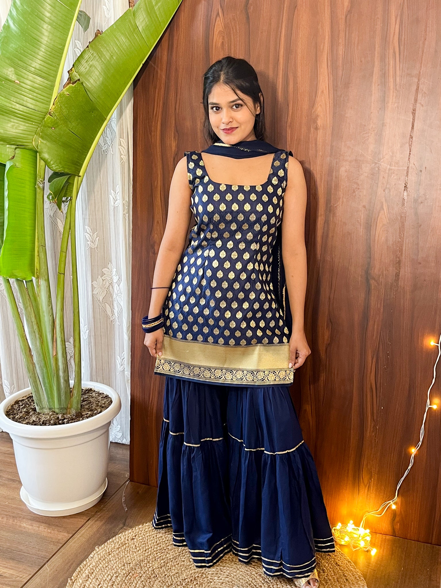 Readymade Banarasi Pure Silk Sharara Suit with Chiffon Dupatta- Royal Blue