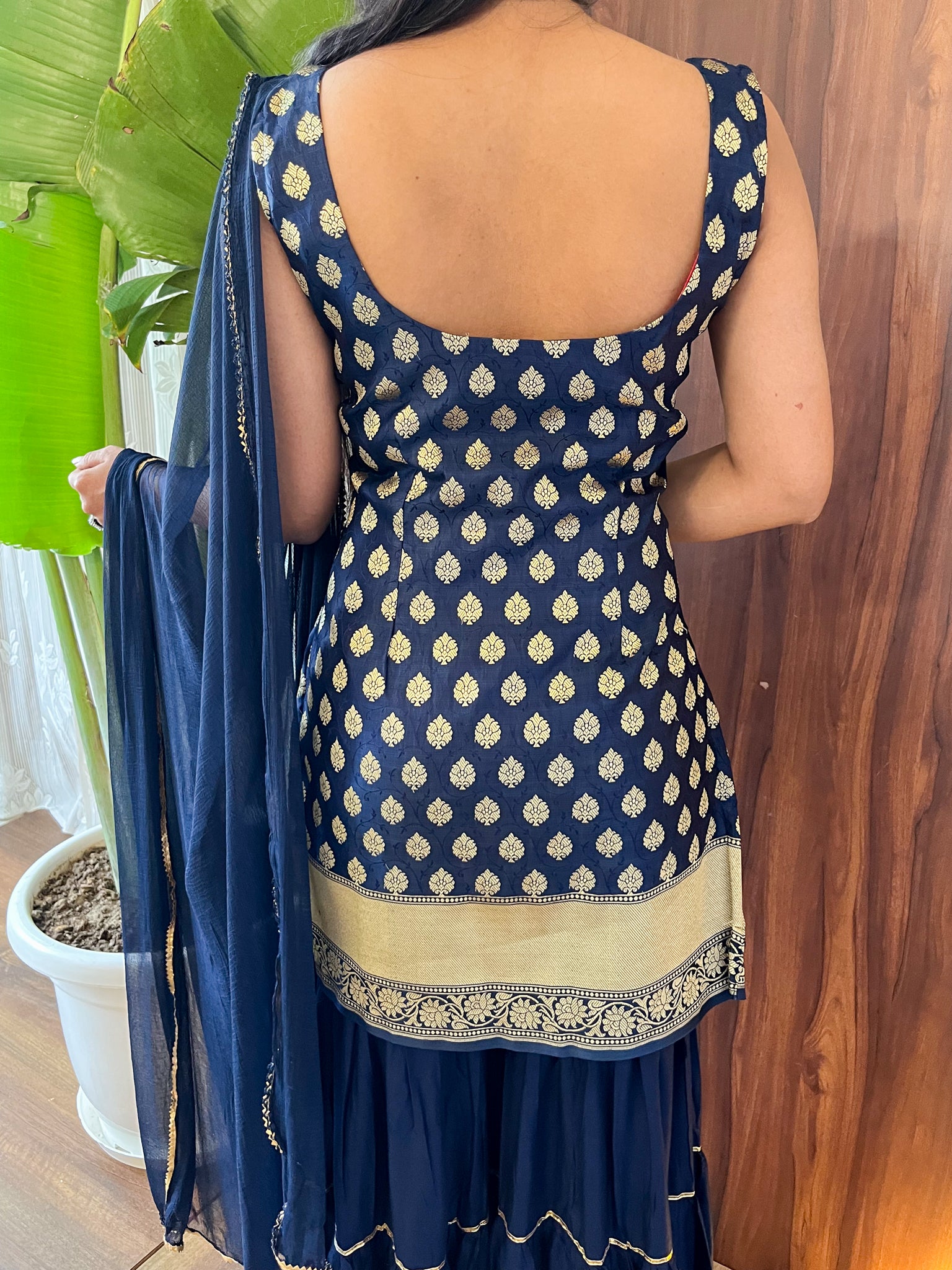 Readymade Banarasi Pure Silk Sharara Suit with Chiffon Dupatta- Royal Blue
