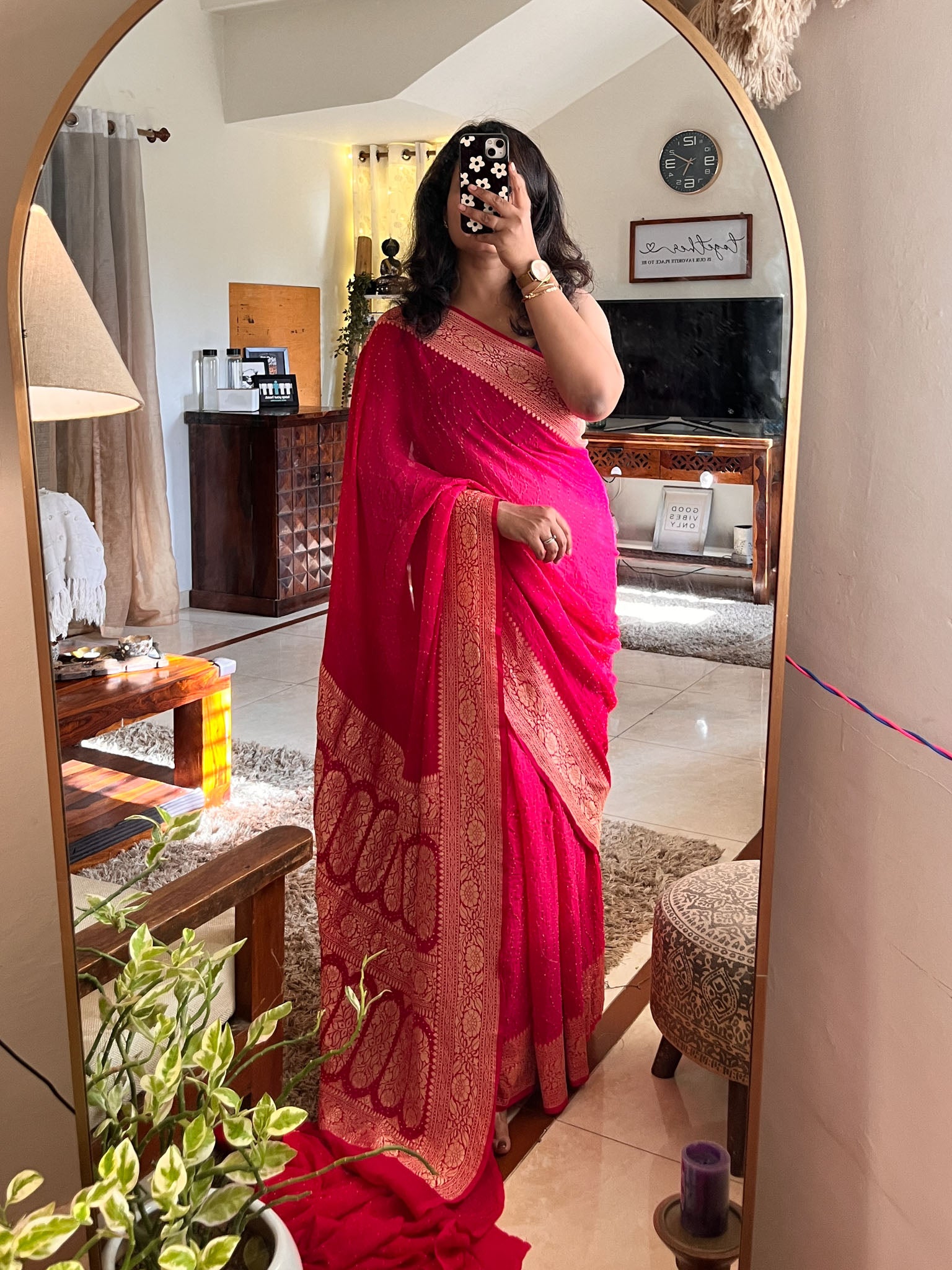 Shaded Pink handloom Pure Banarasi Georgette Rai Bandhej Saree