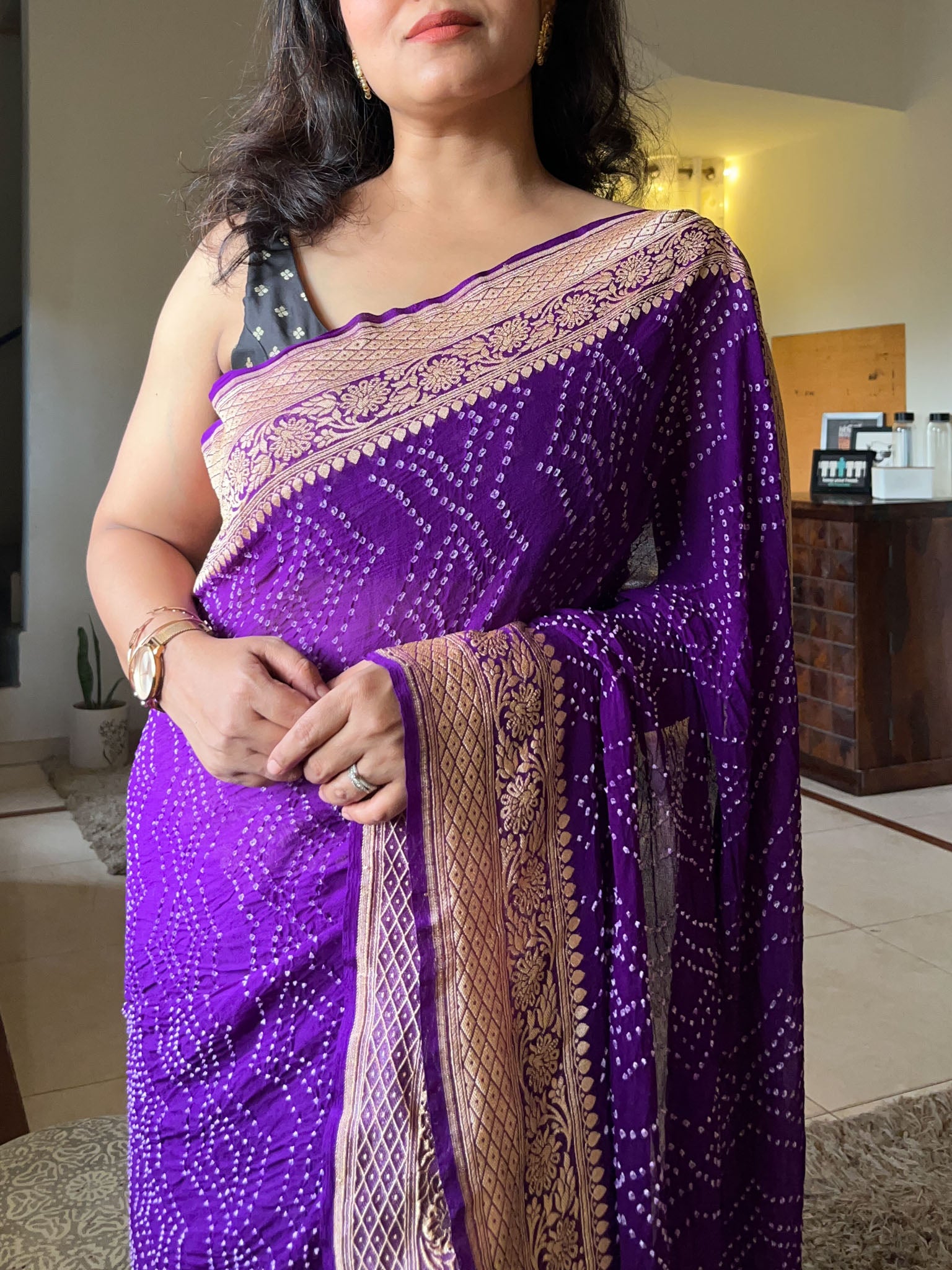 Purple handloom Pure Banarasi Georgette Rai Bandhej Saree