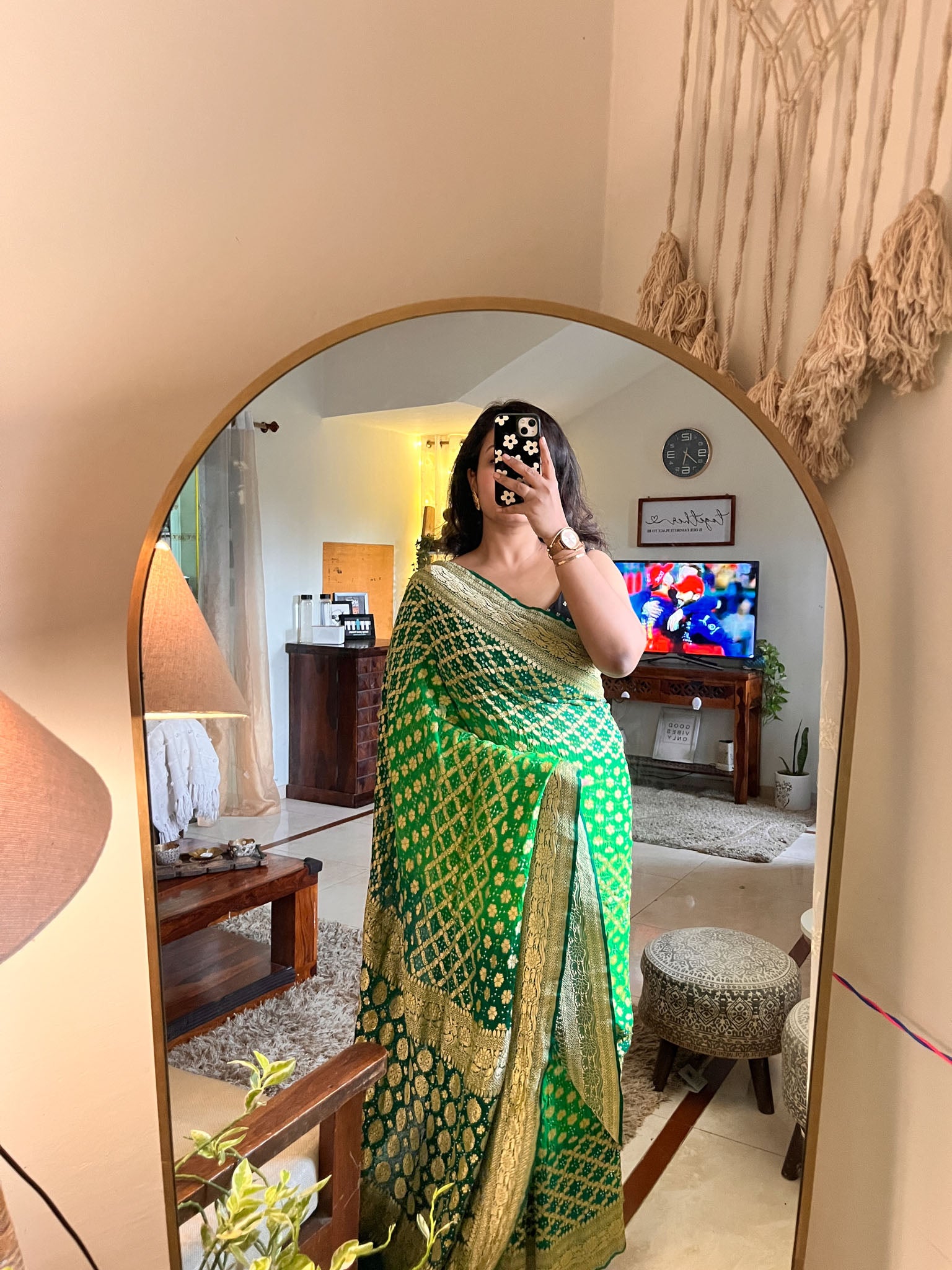 Green handloom Pure Banarasi Georgette Bandhej Saree with Zari Jaal Weaving
