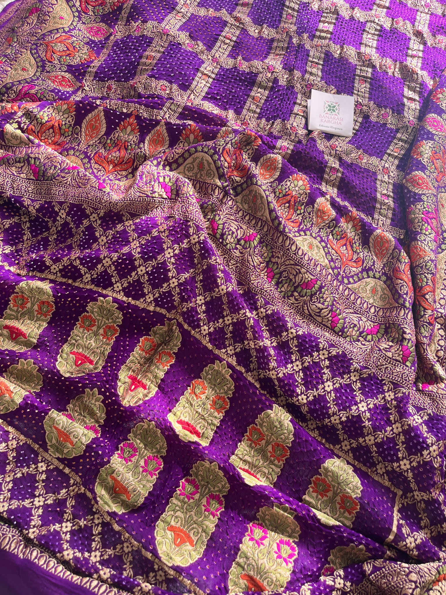 Purple Tilfi Pure Banarasi Georgette Bandhej Saree with Zari & Meena Weaving