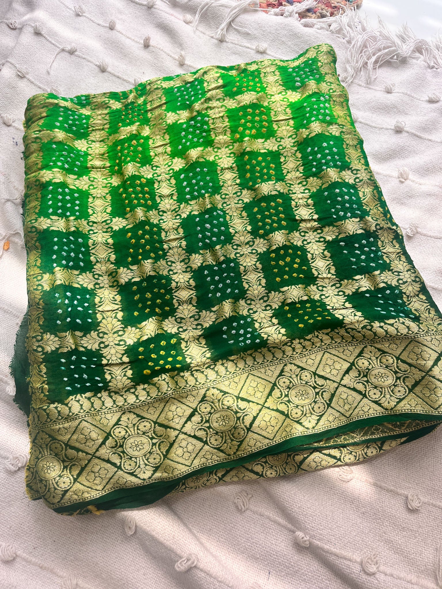Green Pure Banarasi Georgette Bandhej Saree with Zari Jaal Weaving