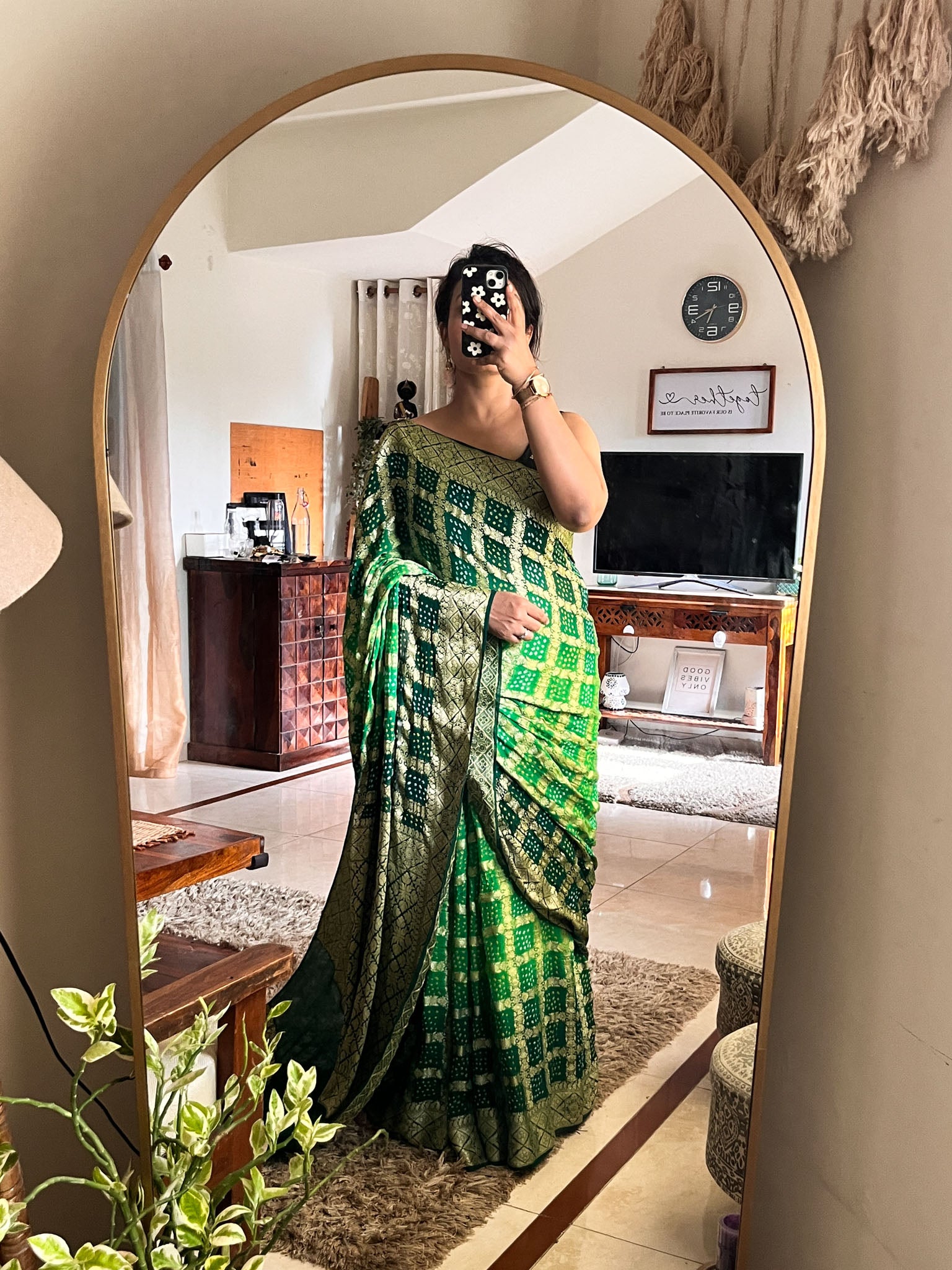 Green Pure Banarasi Georgette Bandhej Saree with Zari Jaal Weaving