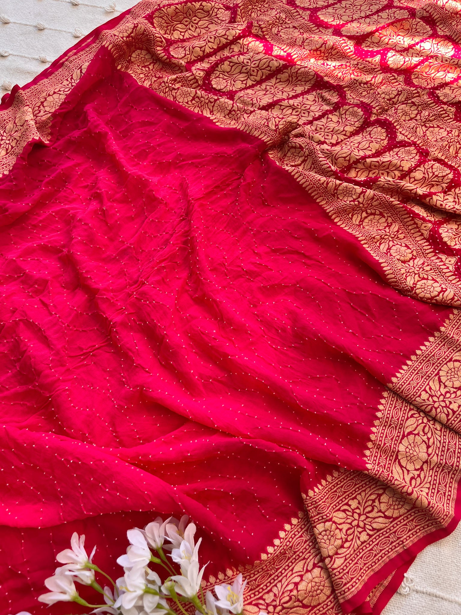 Shaded Pink handloom Pure Banarasi Georgette Rai Bandhej Saree