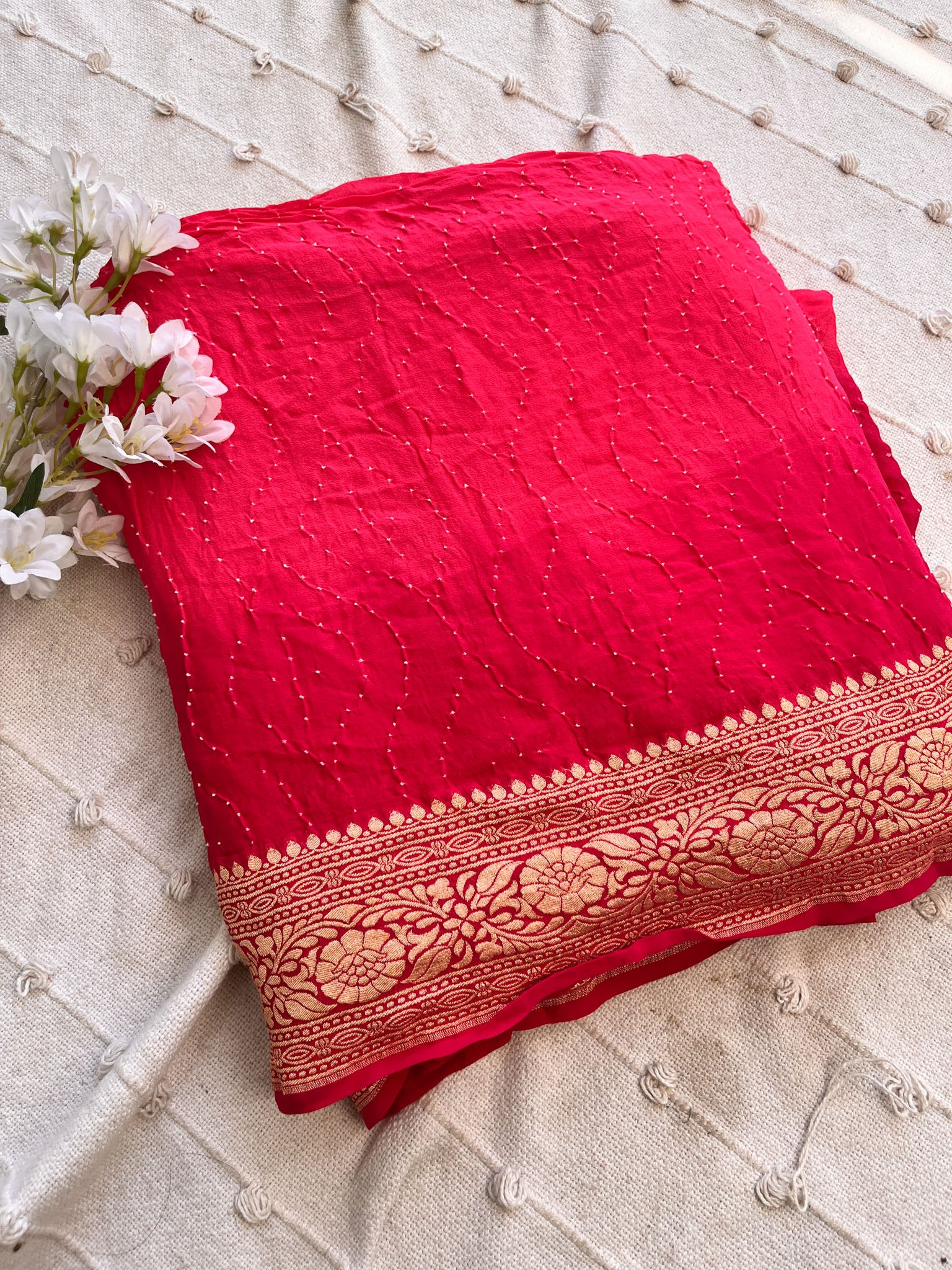 Shaded Pink handloom Pure Banarasi Georgette Rai Bandhej Saree