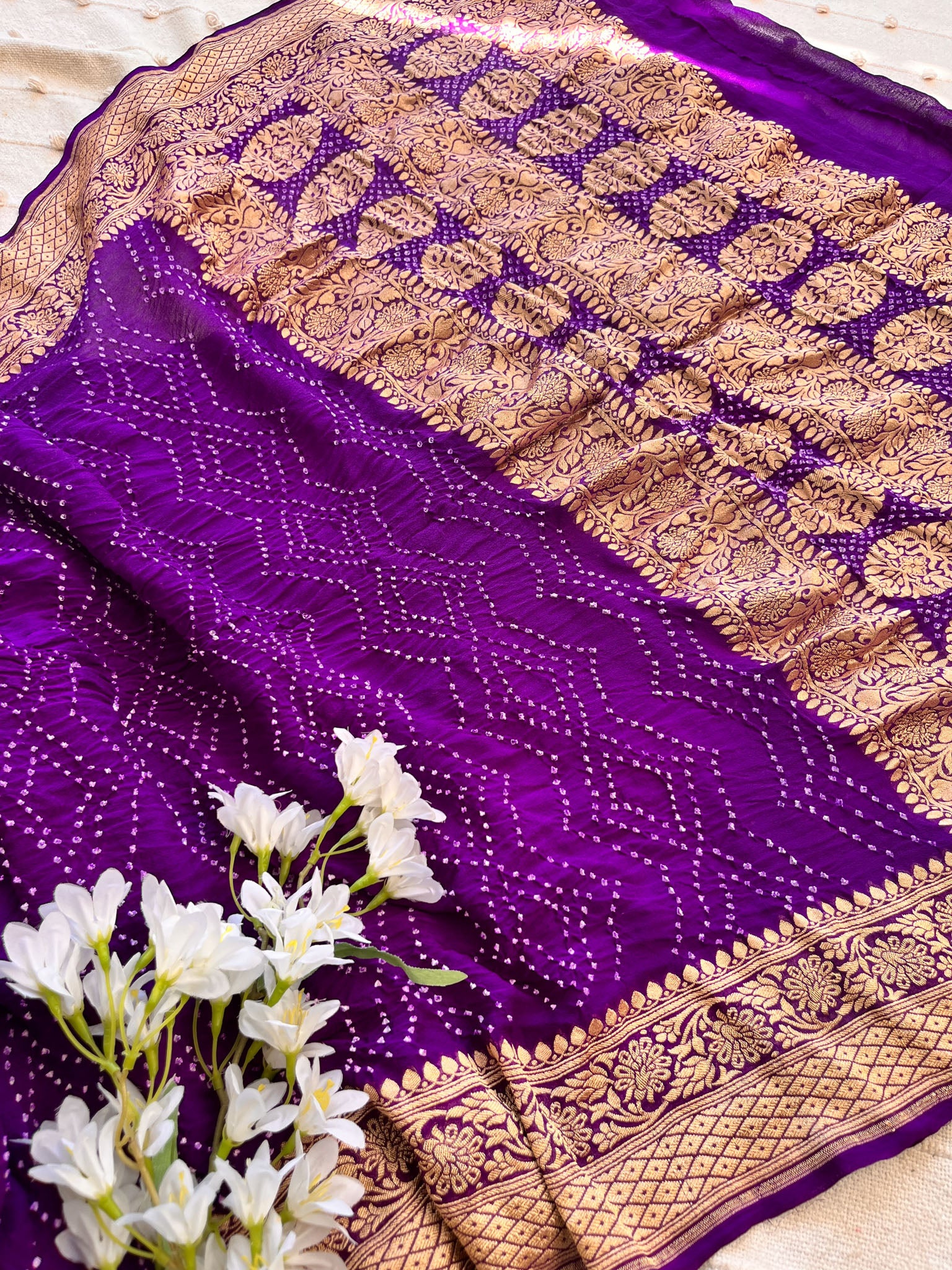 Purple handloom Pure Banarasi Georgette Rai Bandhej Saree