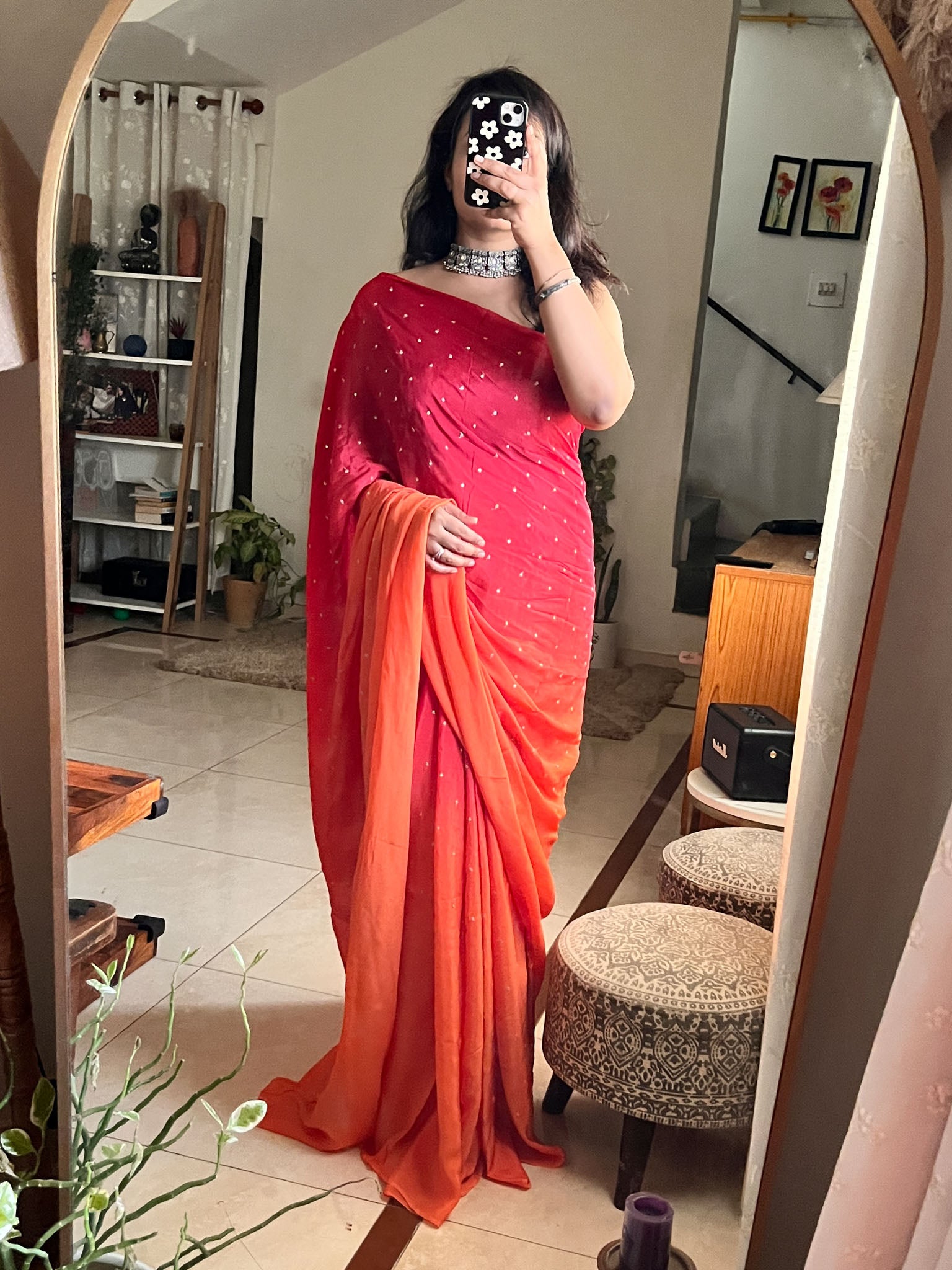 Shaded Chiffon Saree With Zari Sequins Work- Orange