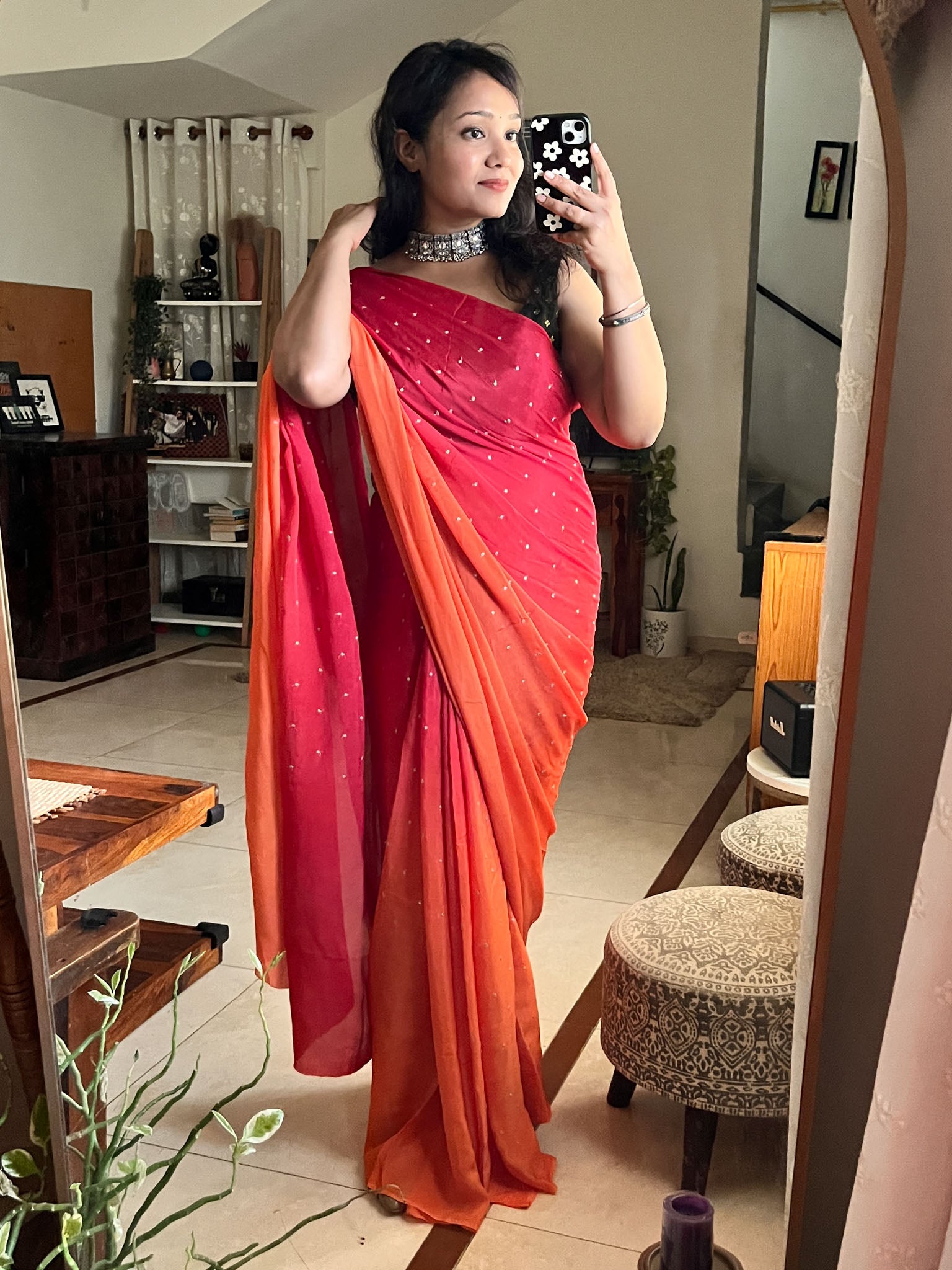 Shaded Chiffon Saree With Zari Sequins Work- Orange