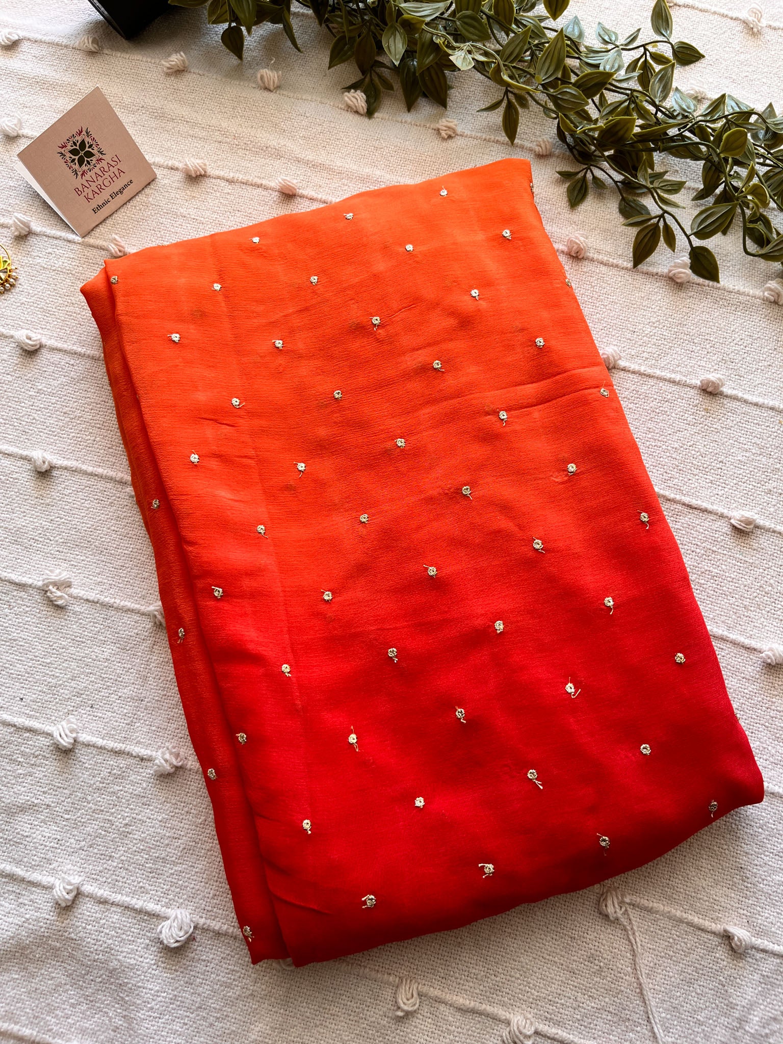 Shaded Chiffon Saree With Zari Sequins Work- Orange