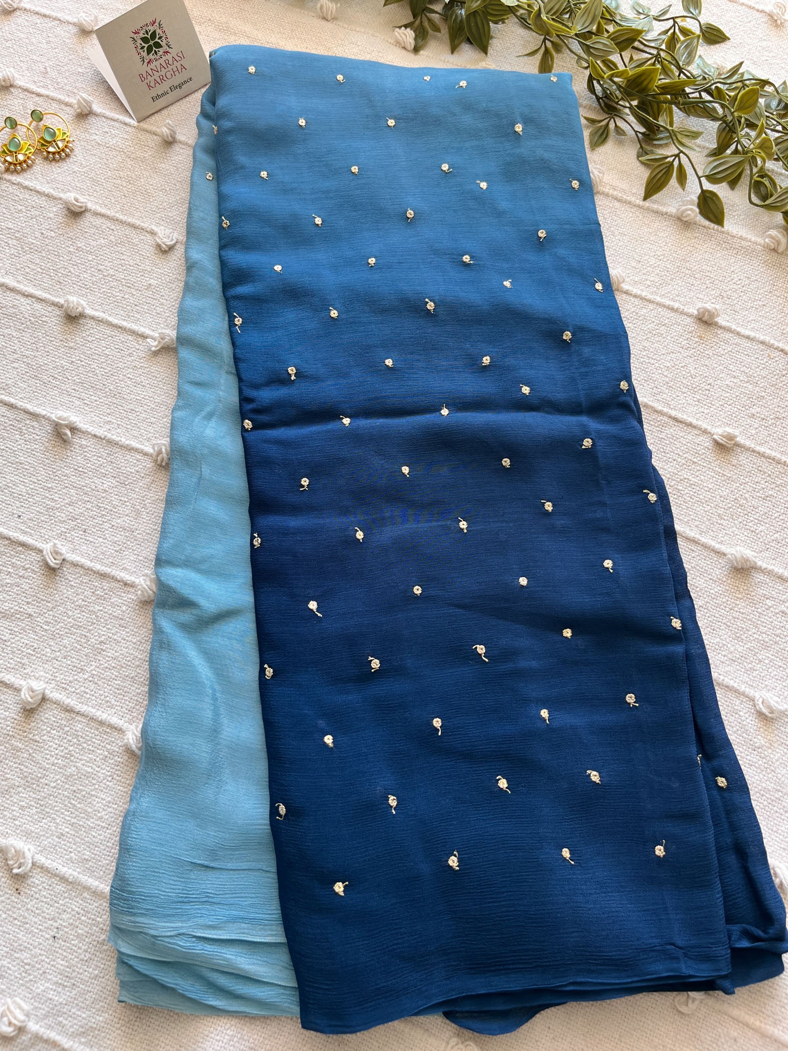 Shaded Chiffon Saree With Zari Sequins Work- Blue