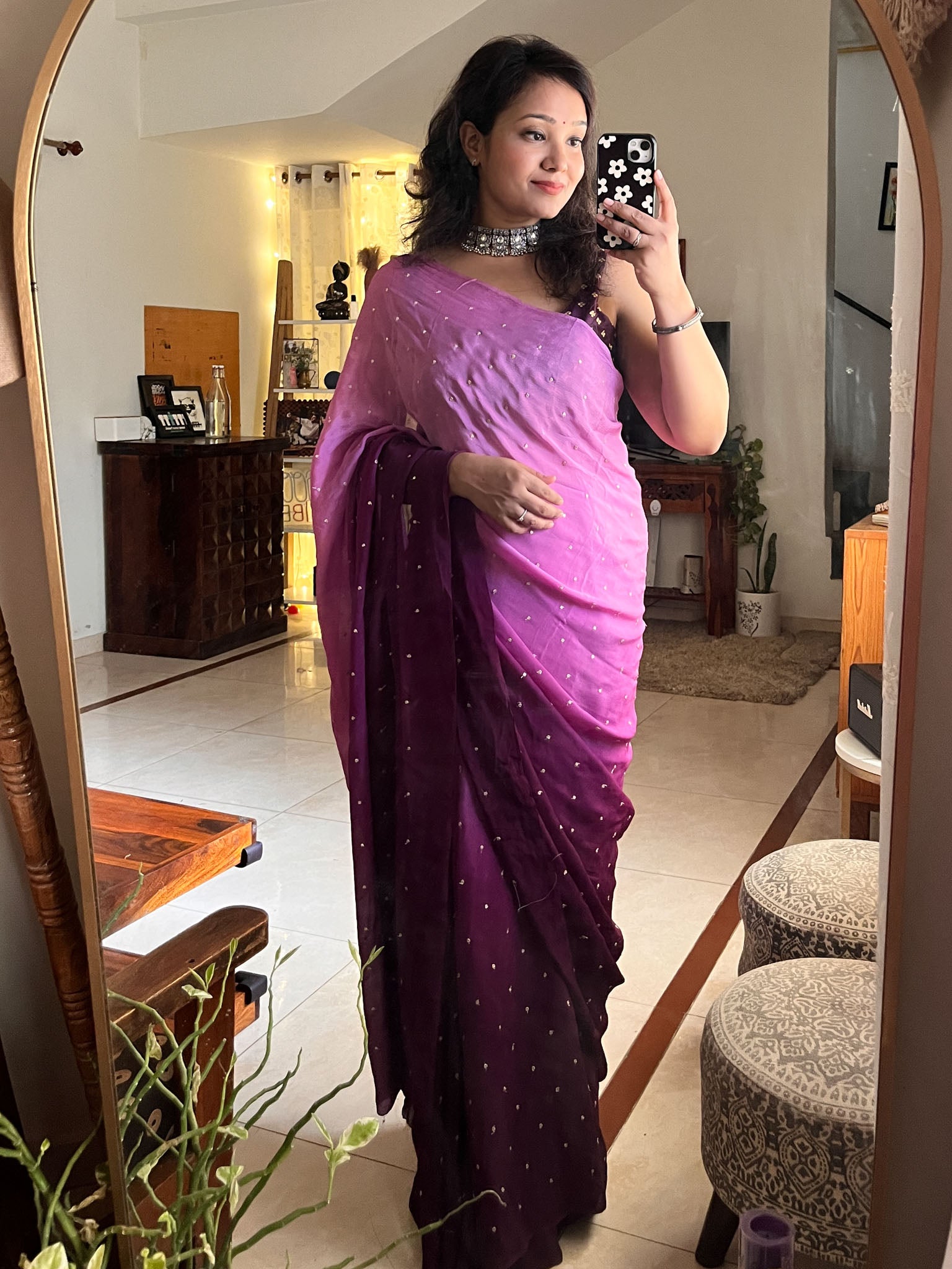 Shaded Chiffon Saree With Zari Sequins Work- Purple
