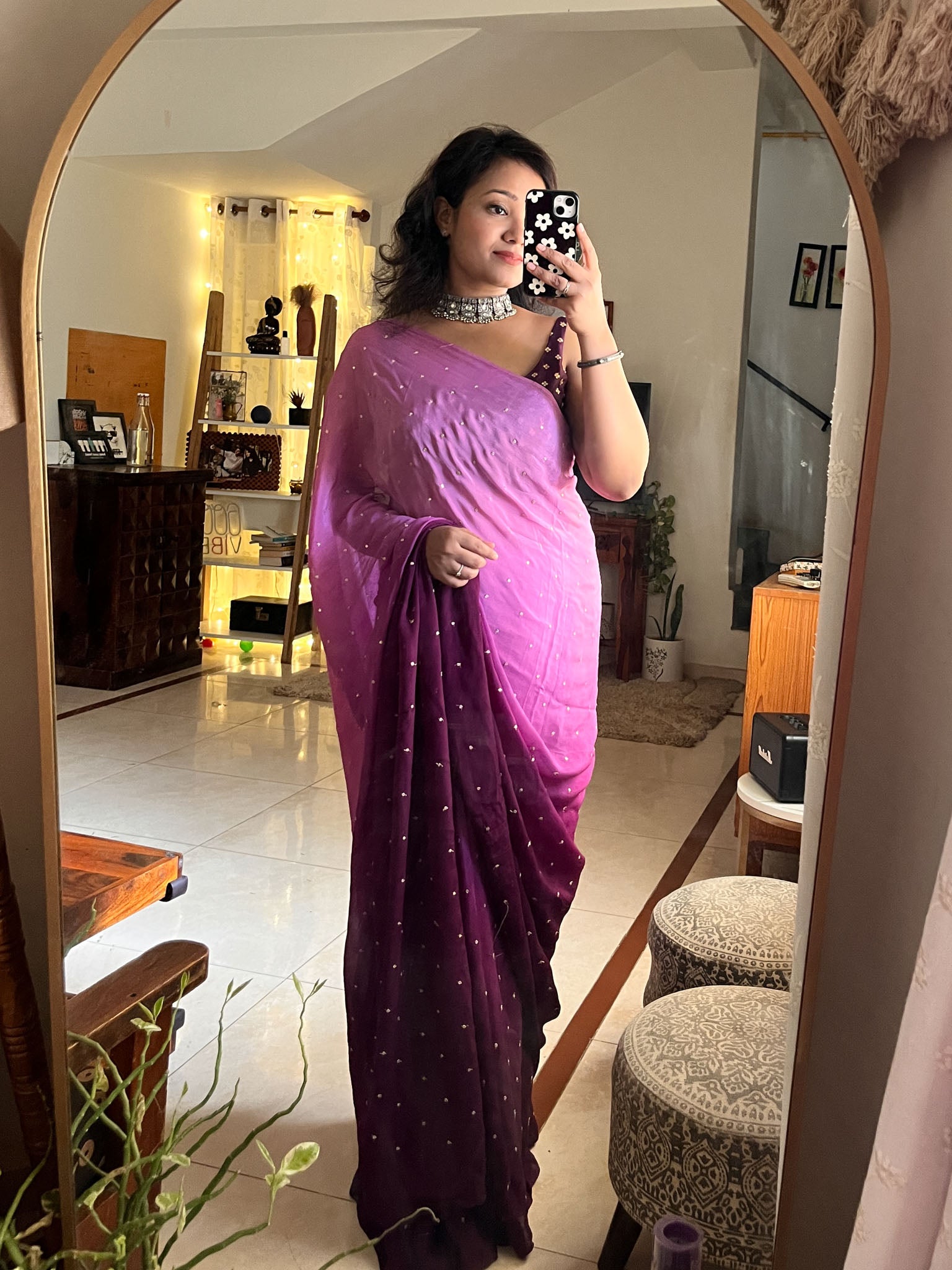 Shaded Chiffon Saree With Zari Sequins Work- Purple