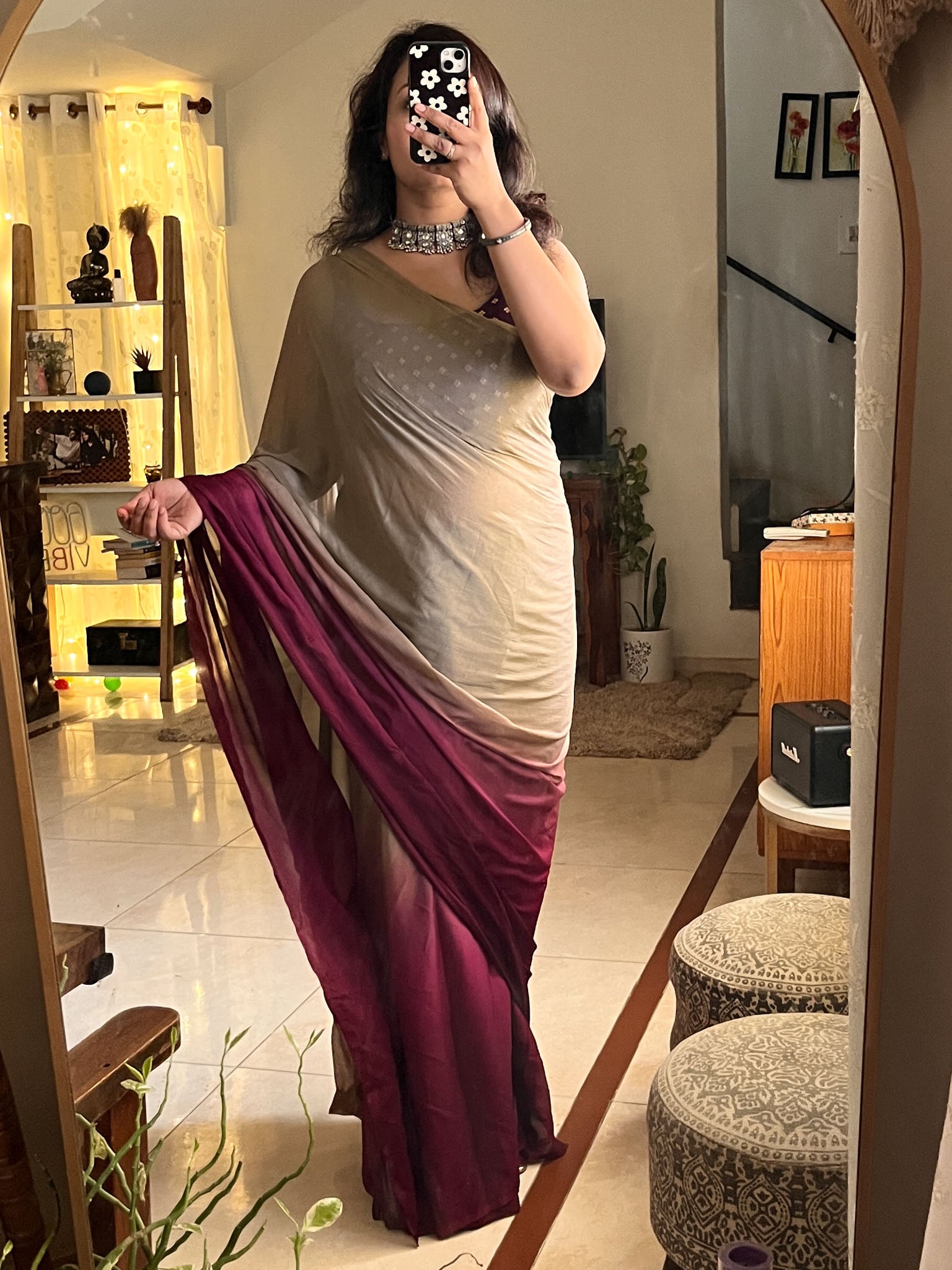 Shaded Chiffon Saree- Wine & Grey