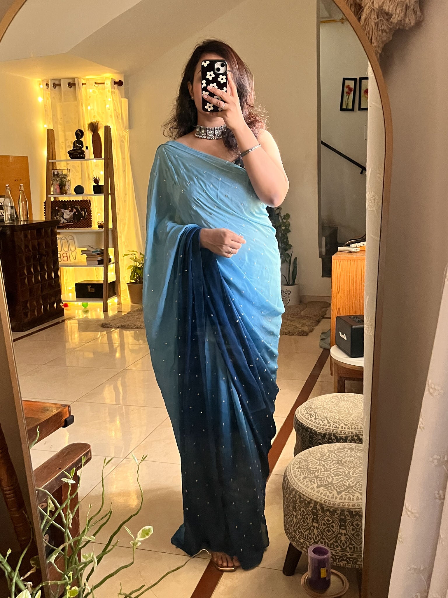 Shaded Chiffon Saree With Zari Sequins Work- Blue