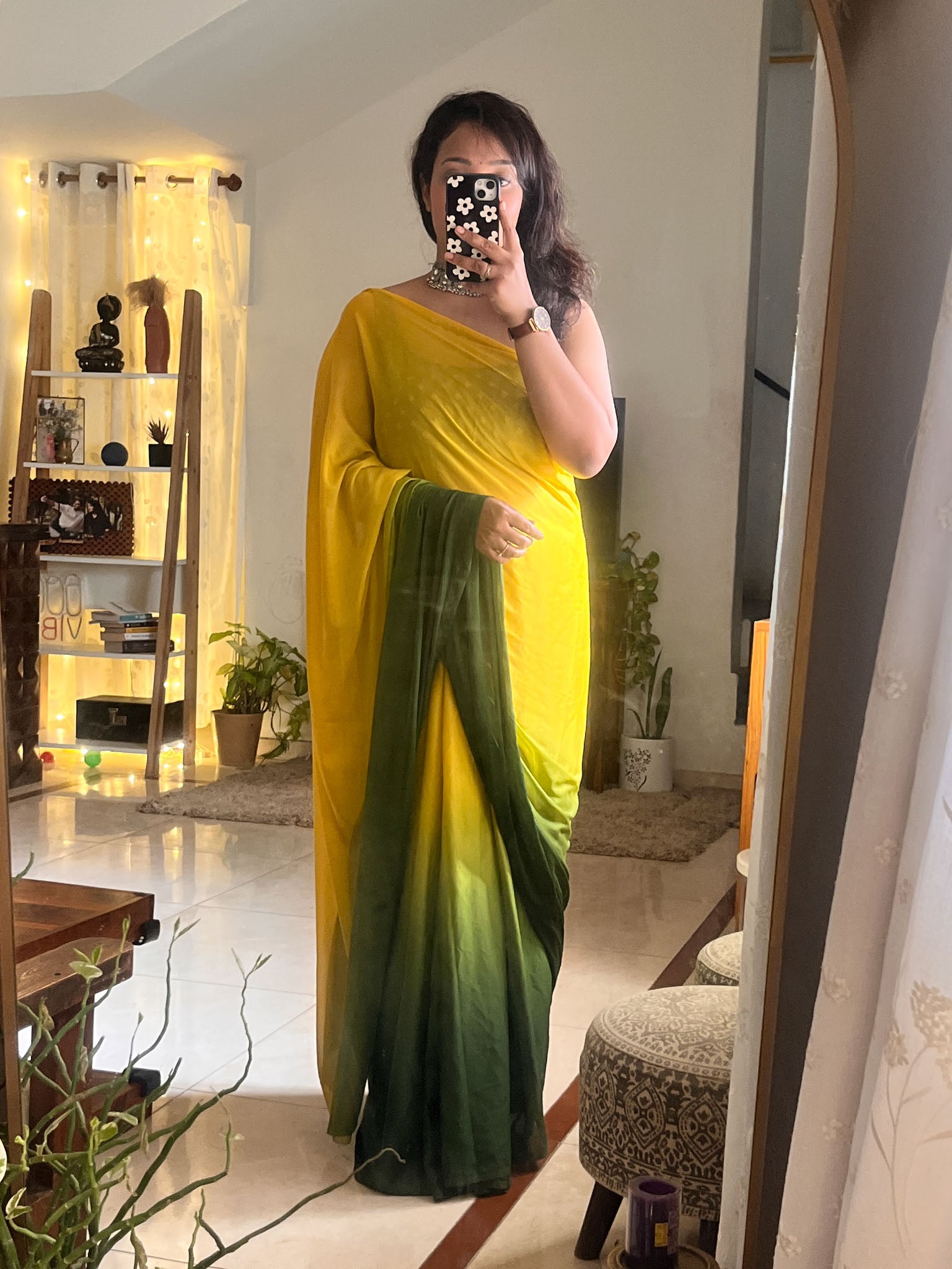 Shaded Chiffon Saree- Green & Yellow