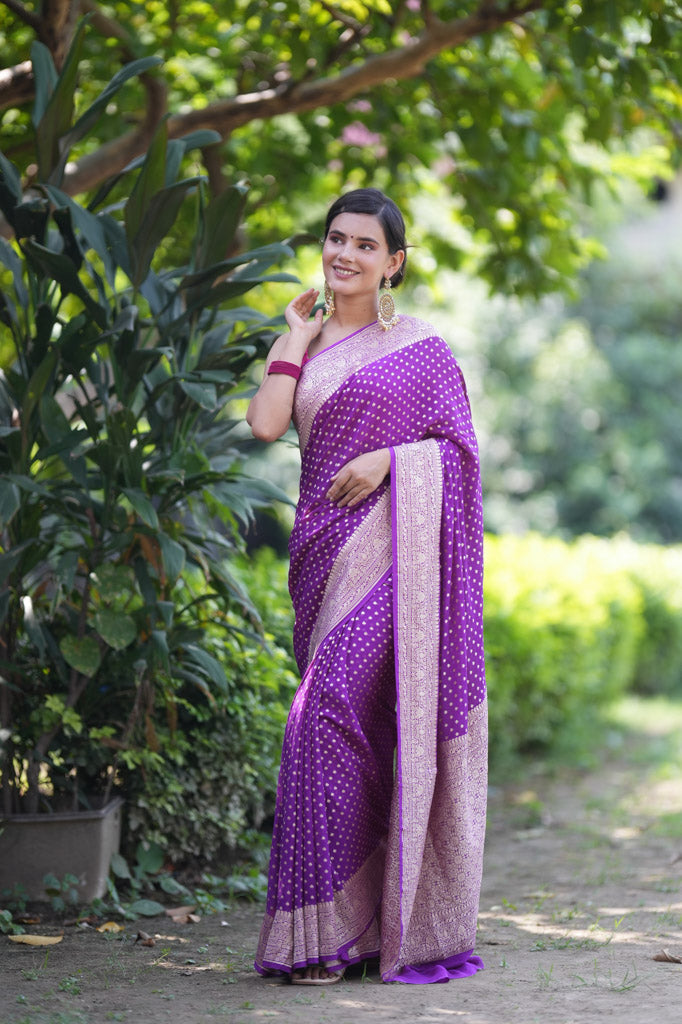 Banarasi Pure Khaddi Georgette Saree With Antique Zari Buti Weaving-Purple