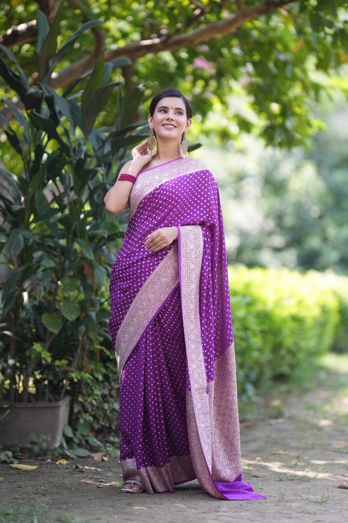 Banarasi Pure Khaddi Georgette Saree With Antique Zari Buti Weaving-Purple