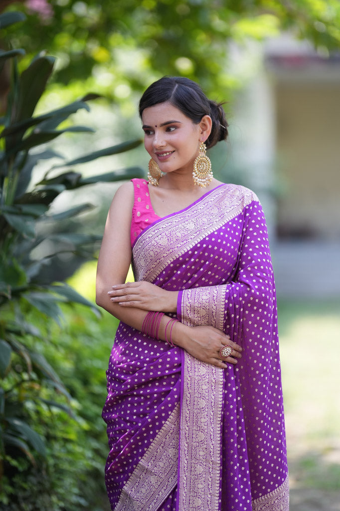 Banarasi Pure Khaddi Georgette Saree With Antique Zari Buti Weaving-Purple