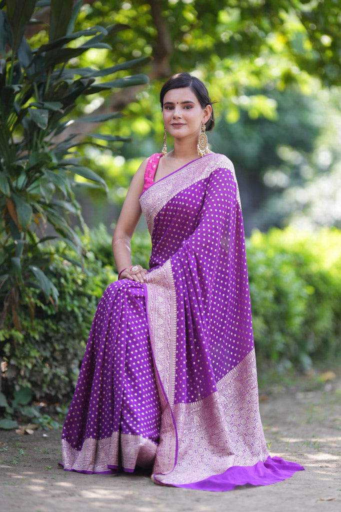 Banarasi Pure Khaddi Georgette Saree With Antique Zari Buti Weaving-Purple