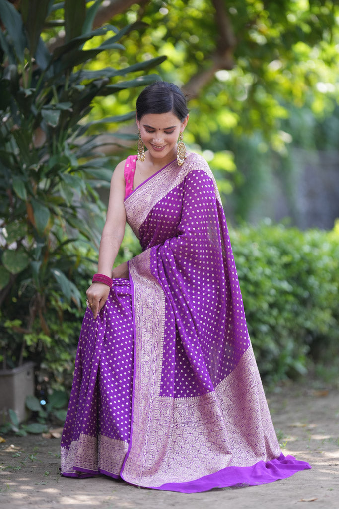Banarasi Pure Khaddi Georgette Saree With Antique Zari Buti Weaving-Purple