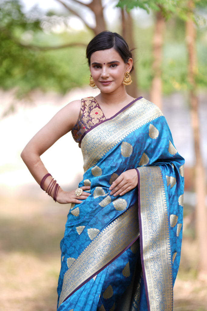 Banarasi Art Katan Silk Saree With Zari Buta Weaving & Tanchoi Weaving-Blue