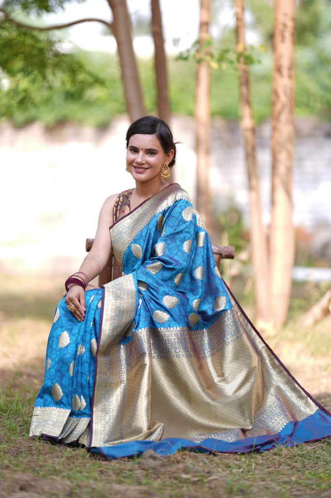 Banarasi Art Katan Silk Saree With Zari Buta Weaving & Tanchoi Weaving-Blue