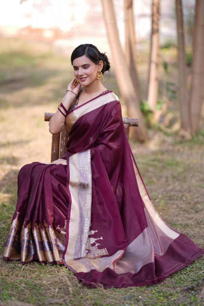 Banarasi Plain Semi Silk Saree With Ganga Ghat Weaving-Wine