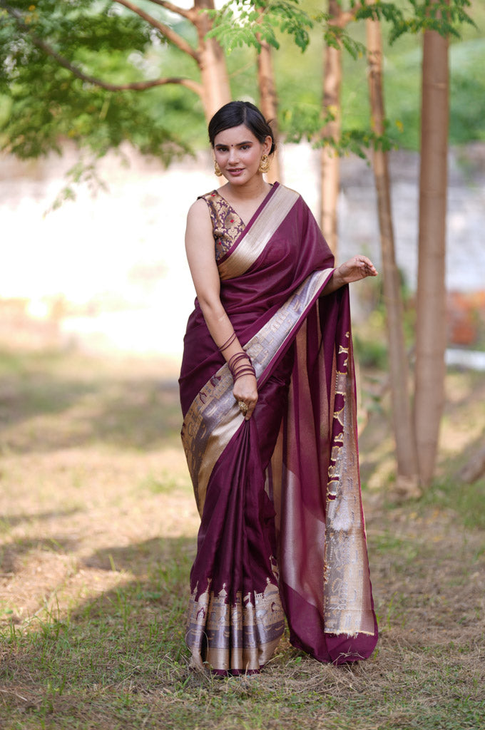 Banarasi Plain Semi Silk Saree With Ganga Ghat Weaving-Wine