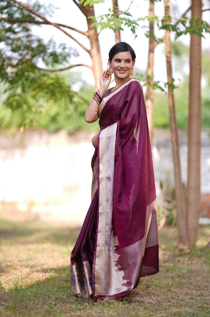 Banarasi Plain Semi Silk Saree With Ganga Ghat Weaving-Wine