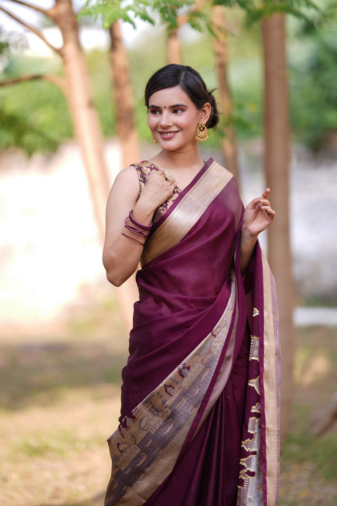Banarasi Plain Semi Silk Saree With Ganga Ghat Weaving-Wine