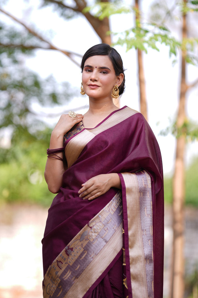 Banarasi Plain Semi Silk Saree With Ganga Ghat Weaving-Wine